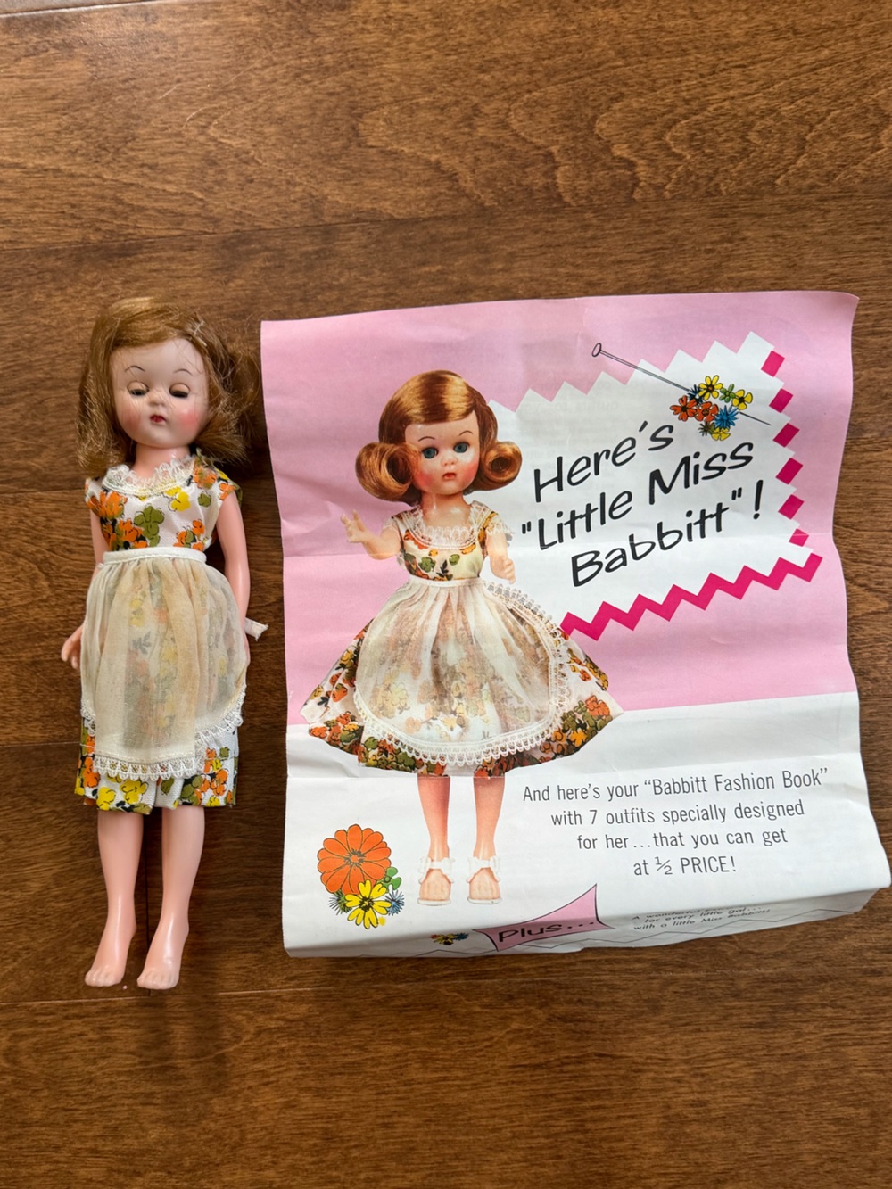 Vintage Little Miss Babbitt Doll Floral Apron Dress Original Box Fashion Book